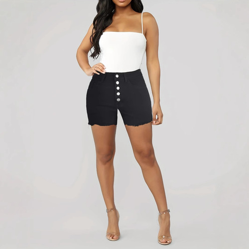 PD08363# Women's Fashion Fringe Ankle Elastic Denim Shorts