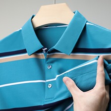 高档男士真口袋短袖T恤夏季薄款中老年爸爸条纹polo衫翻领上衣