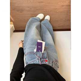 现货库存浅蓝色牛仔裤男款美式高街vibe裤子显瘦显腿长直筒微喇裤