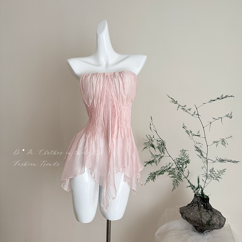 "Xinxing" Spring/Summer New French Style Fairy-Like Pleated Lace Irregular Ruffle Shell-Shaped Bustier Top for Women