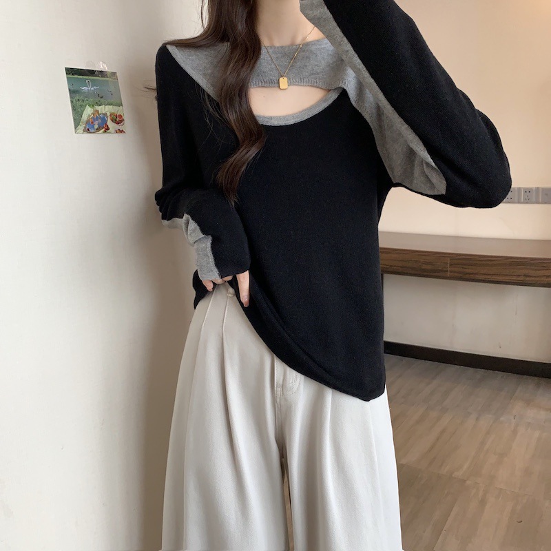 2025新款大码拼色镂空长袖针织衫女撞色拼接秋季百搭打底衫A6946|undefined