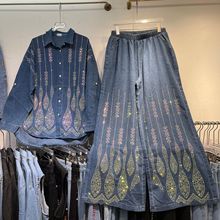 线条设计感烫钻牛仔衬衫女欧洲站重工大码显瘦阔腿牛仔裤两件套