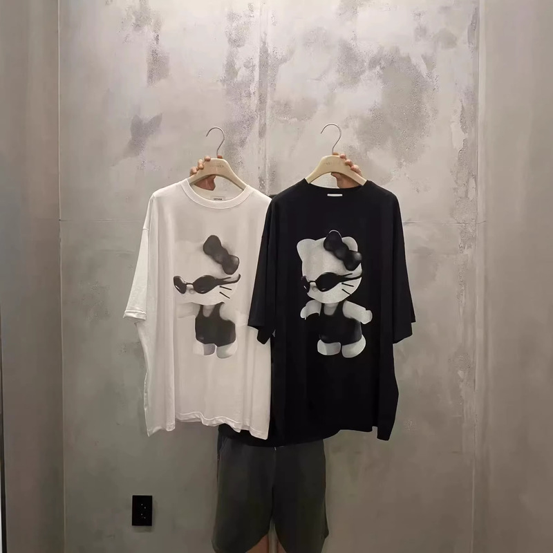 Korean Dongdaemun Plus-Size Summer New American-Style Loose Cartoon Cat Print Pure Cotton Short-Sleeve T-Shirt for Women
