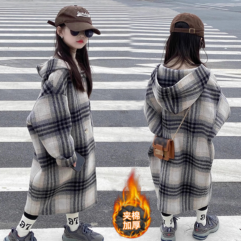 女童毛呢大衣2024新款秋冬韩版中长款洋气格子外套加厚毛呢大衣潮