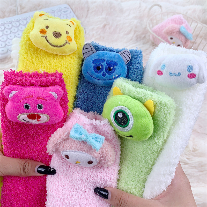 Winnie the Poochow Socks Girls Cute Coral Fleece Cyber Popular Plush Socks Winter Thickened Mid-tube Socks All-match Sleep Socks