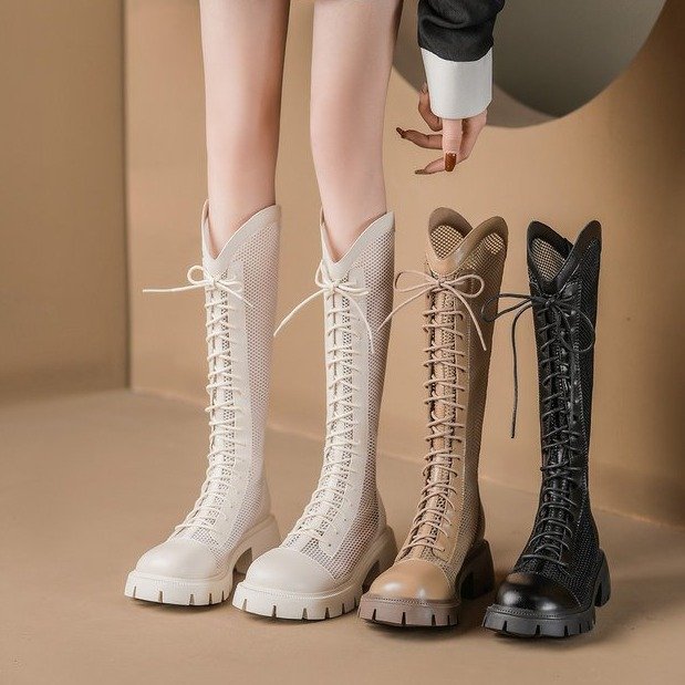 Summer Hollow Out Long Boots 여성용 2025 새로운 얇은 메쉬 두꺼운 하단 쿨 부츠하지만 무릎 레이스 업 하이 나이츠 부츠