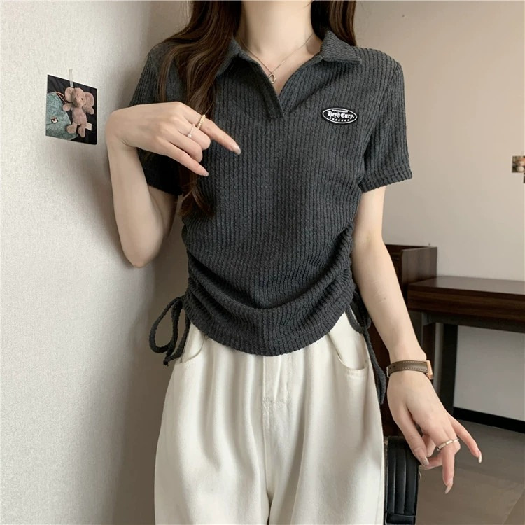 Large size American front shoulder polo neck short sleeved t-shirt for women 2024 new summer chubby mm top design_voghion.com