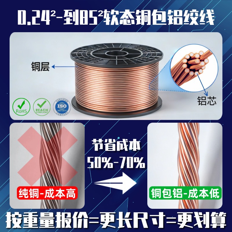 0.25mm²-85mm² 铜包铝绞线多股铜编织线绞线防雷接地引线裸电线