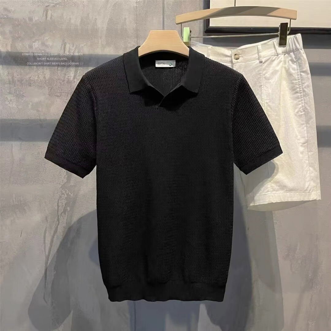 Verano nuevo suéter de punto de seda de hielo de manga corta camisa POLO para hombre con cuello en V camiseta de textura de negocios delgada comercio exterior al por mayor transfronterizo