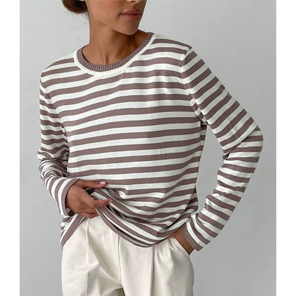 Cross-Border Round Neck Knitted Striped Sweater European and American Style 2024 Spring Versatile Classic Retro Striped Pullover Sweater for Women