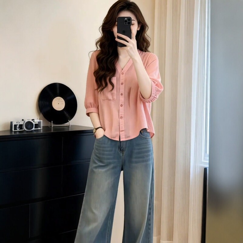 Áo sơ mi nữ cổ V tay lỡ phong cách Pháp, kiểu dáng thanh lịch tôn dáng — màu xanh nhạt chi tiết 2