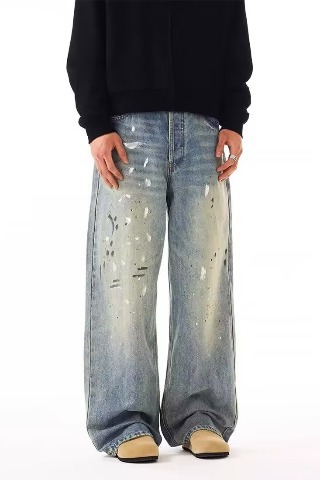 Men's Clothing Men's Retro Trendy Ink Splatter Wash Distressed Loose Straight Leg Wide Leg Jeans Versatile Casual Commuting Pants_mkmklike.com