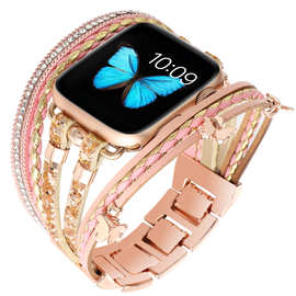 适用苹果手表表带iwatch11金属小蝴蝶饰品真皮编织applewatch表带