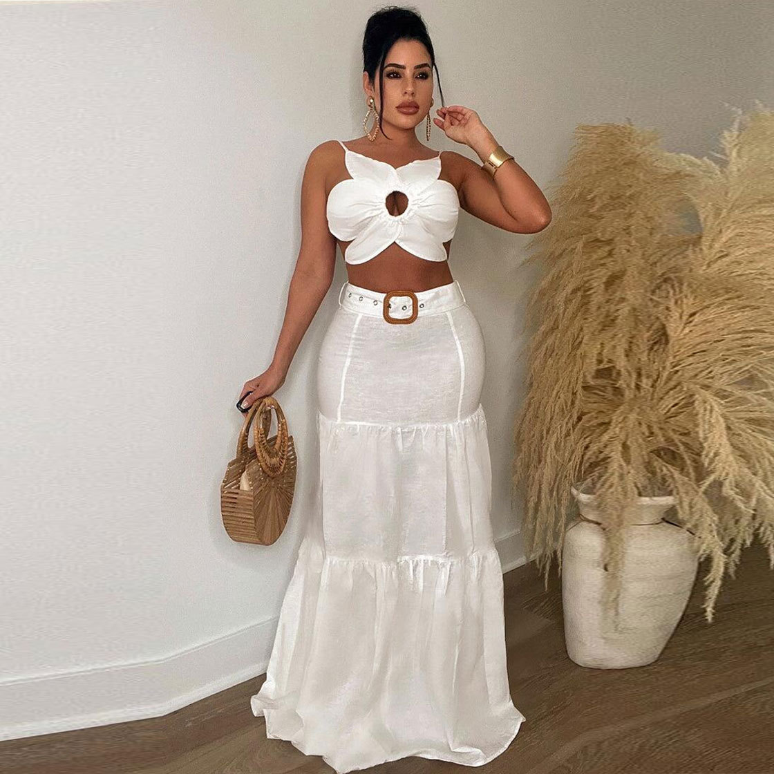 354g Weight Sleeveless Sleeve Length Polyester Fabric Type Skirt Co-ord Set Sets Type 2 Pieces Set Quantity Holiday Occasion Strap Neckline Slim Fit Type Solid Color, Flower Pattern Summer Season Women's Gender Vacation Style Holiday Women's Vacation Solid Color Flower Polyester Skirt Co-ord Set Skirt Sets 4