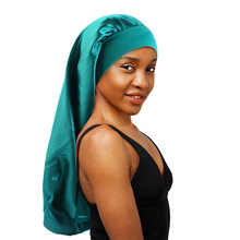 亚马逊热卖货源仿真丝长筒弹力发带帽 色丁睡帽 长发护发帽子