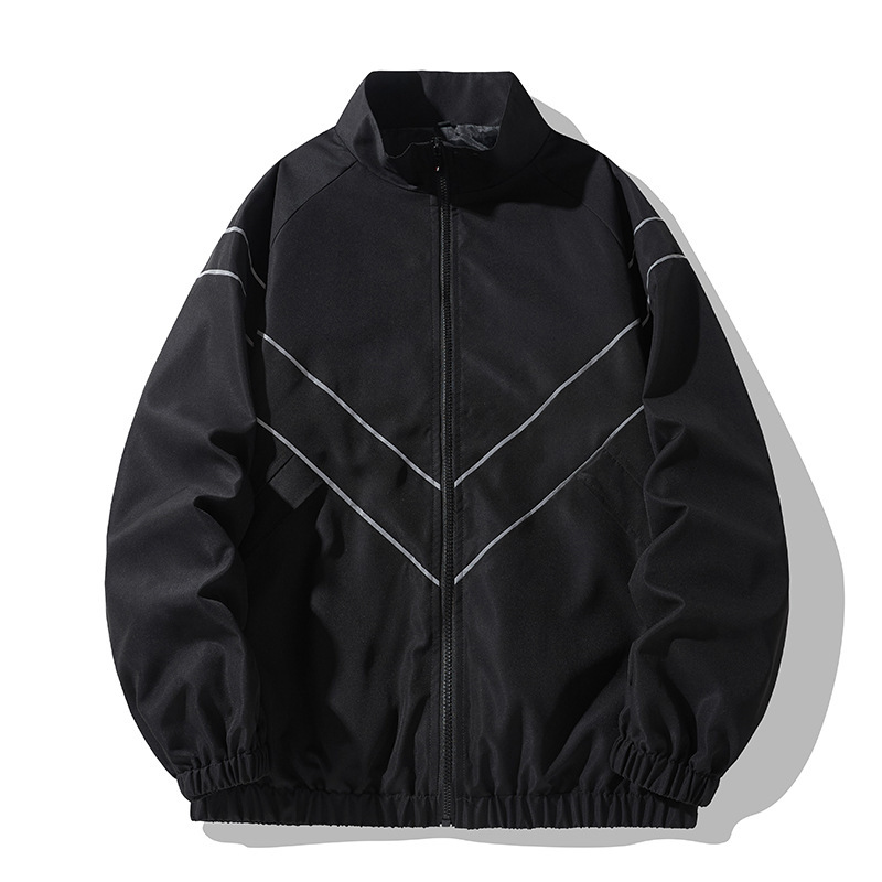 Russian Foreign Trade Cross-Border Jacket for Teenagers, Retro Simple Stand-Up Collar Coat, Trendy Brand Reflective Strip Loose Top for Men