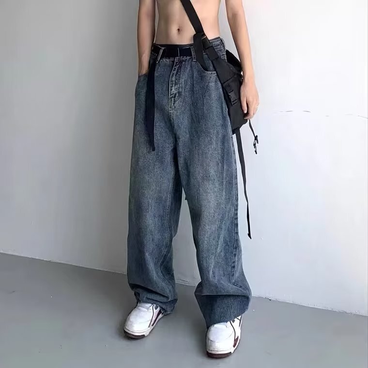 American Style ins Japanese Style Retro Jeans Men's Loose Straight Pendant Wide Leg Pants Solid Color Trendy Brand High Street Daddy Pants