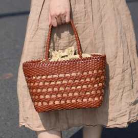 跨境潮流热销女包法式菜篮子悠闲度假风手提镂空真皮包女款编织包