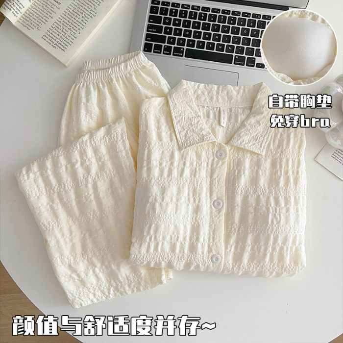 Estilo simple pijama de mujer con cojín de pecho primavera y otoño pantalones de manga larga cardigan color sólido conjunto de ropa de casa integral
