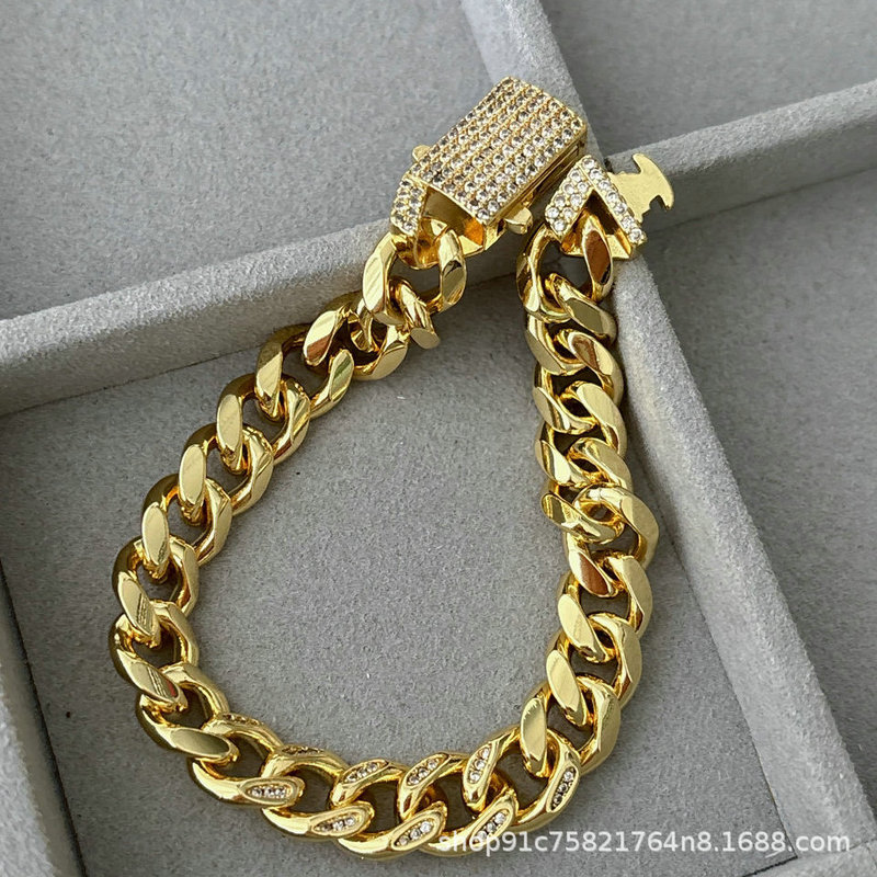 European and American Hot-Selling Cuban Chain Jewelry Round Polished Cuban Chain Zircon Double Diamond Buckle Bracelet Zircon Cuban Chain Wholesale