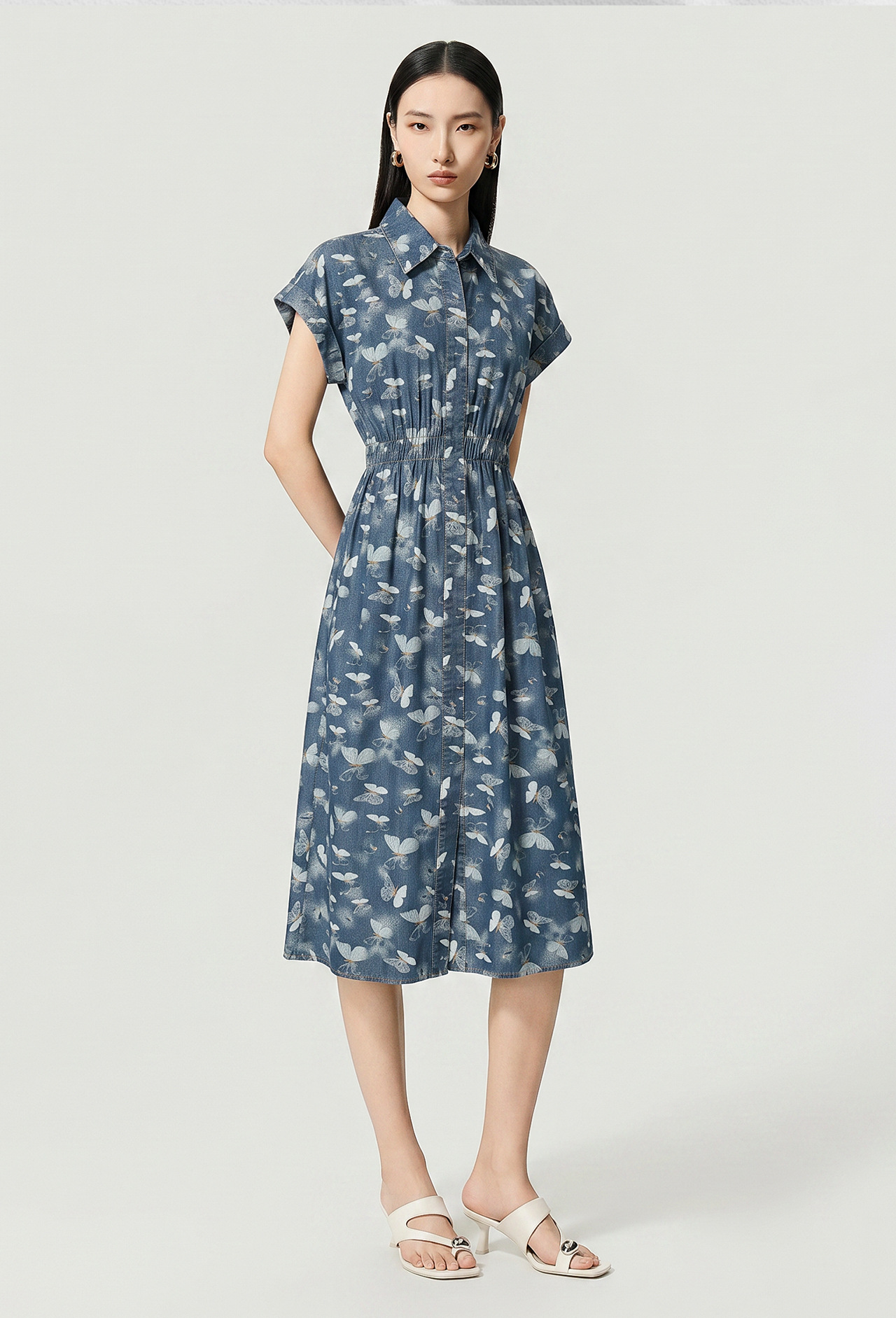 Đầm maxi nữ in họa tiết hoa bướm chất denim nhẹ thắt eo — Cao bồi xanh chi tiết 2