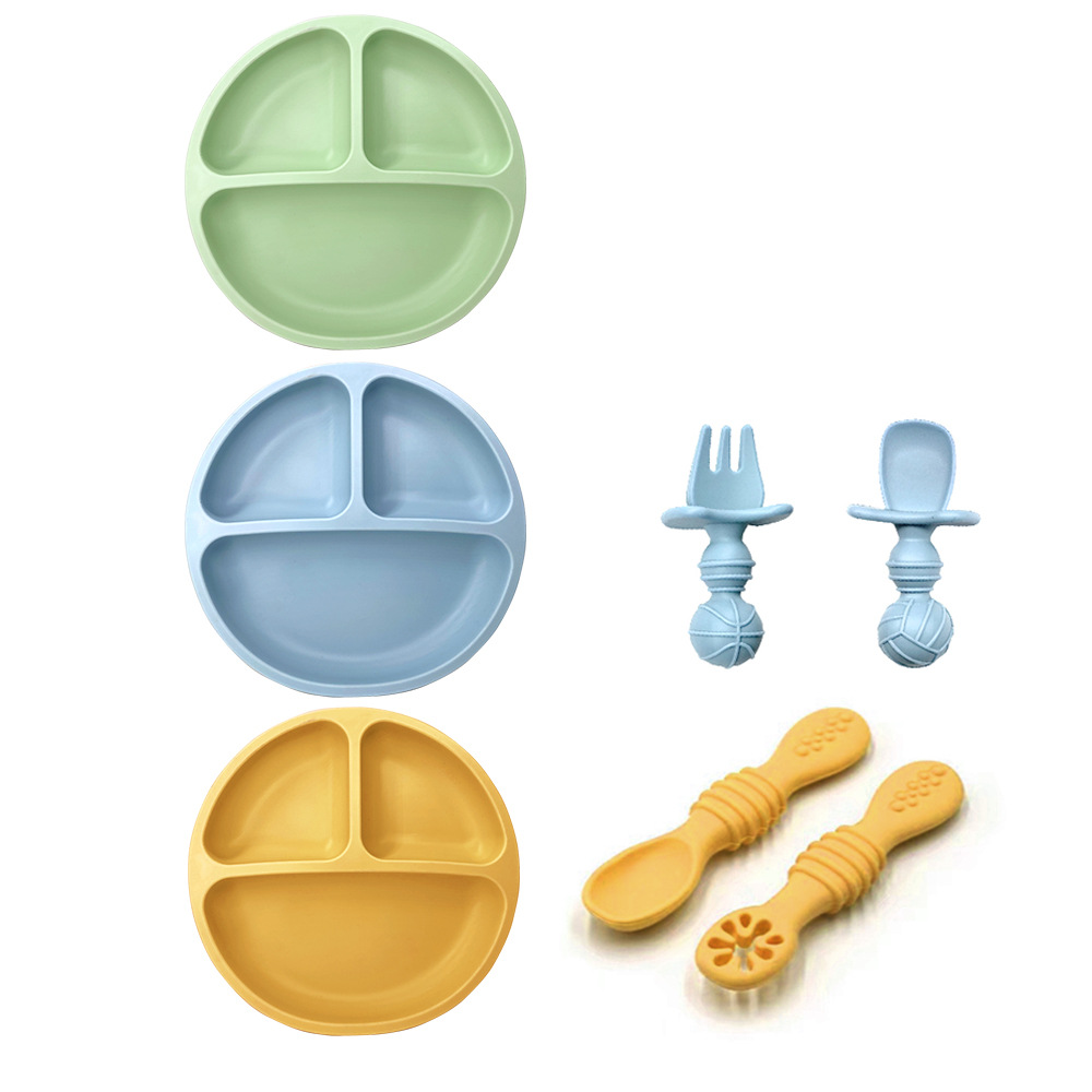 Plato para niños, taza para refrigerios, juego transfronterizo, plato de silicona, mantel individual, babero, tazón de comida resistente a caídas, cuchara de silicona en stock