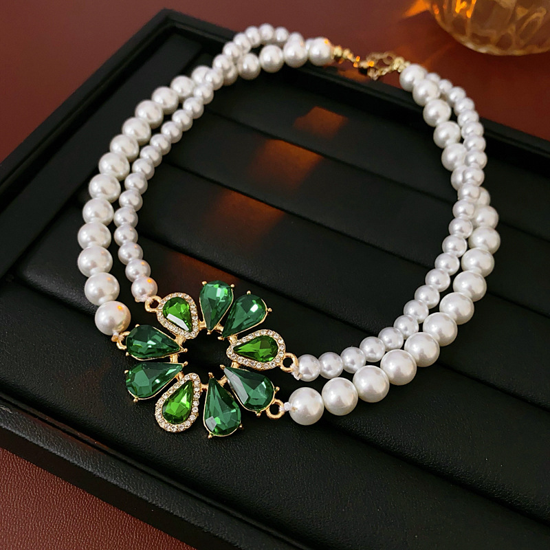 Aguja de plata con diamantes flores pendientes de perlas collares de moda versátil cadena de clavícula multicapa ligera lujo conjunto de joyas de alta calidad
