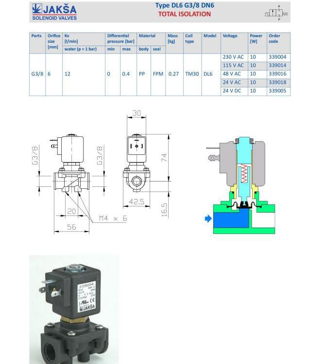 德国JAKSA 电磁阀 339003 DL6 G3/8 V 24VDC TM35 2.5bar