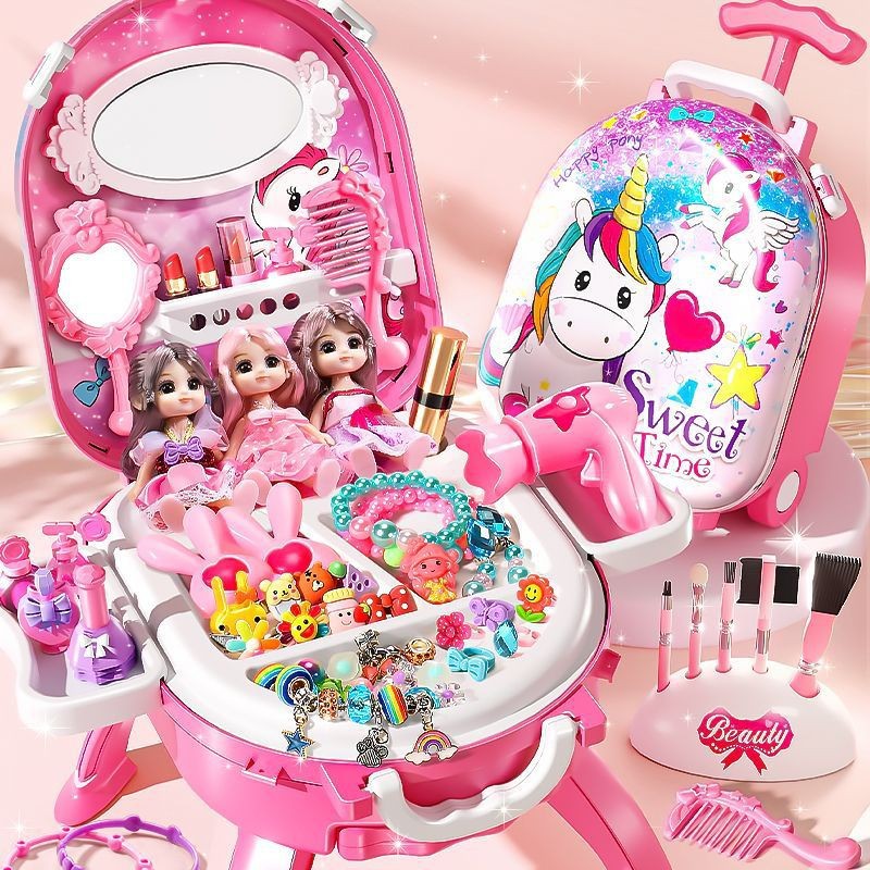 Children's makeup table, little girl's set, rolling suitcase, pretend play dressing table toy, kindergarten, Children's Day birthday gift