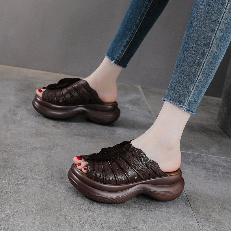 Sandal cao gót nữ quai ngang đế xuồng da thật phong cách cổ điển — màu be