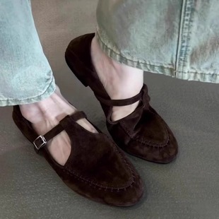 Ready Stock~French Retro Round-Toe Suede Mary Jane Shoes for Women 2025 New Two-Wear Shallow Mouth Flats Shoes