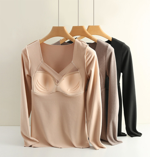 Women's Long-Sleeve Integrated Fixed Cup Self-Heating Bra Top with V-Neck Long-Sleeve Undercoat for Ladies