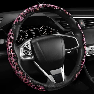 Leopard print diamond-studded crystal car steering wheel cover, trendy and shiny interior modification set for girls, universal car steering wheel cover