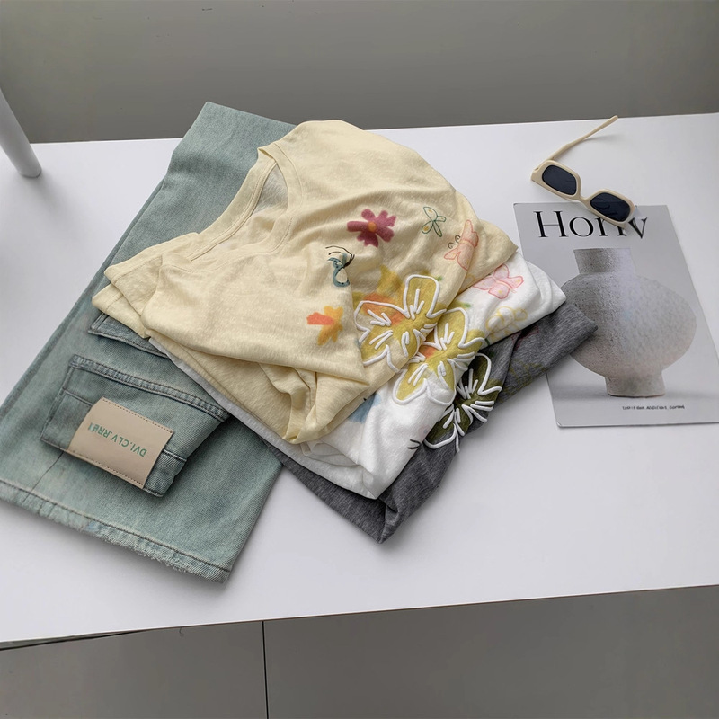 Summer Drapey Cool Tencel Sun Protection Blouse for Women Age-Reducing Korean Style Flower Round Neck Loose Long-Sleeved Air-Conditioned Shirt T-Shirt