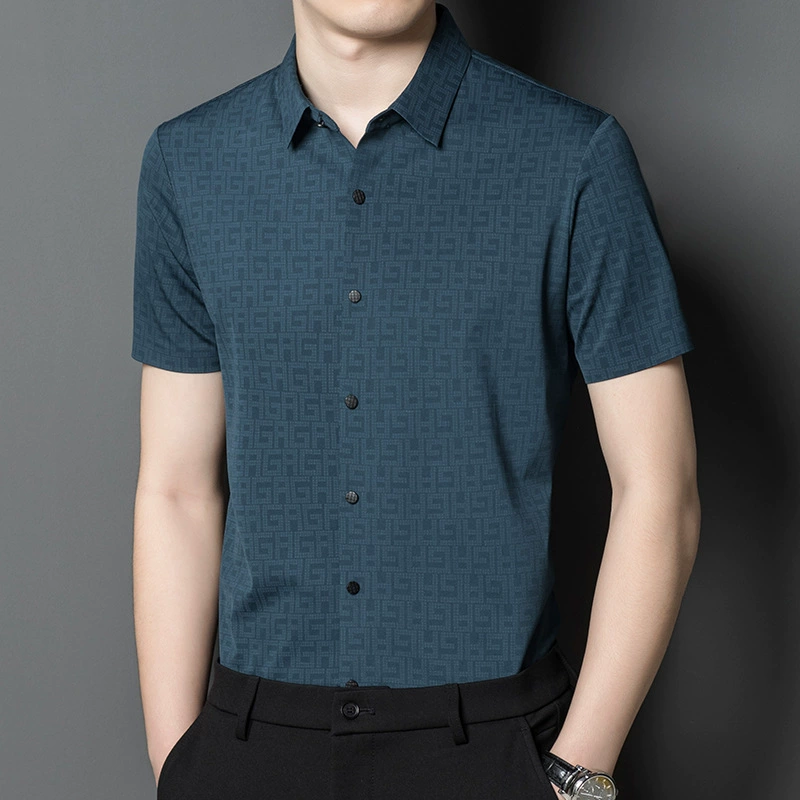 Летняя Новая мужская приталенная рубашка, деловая рубашка с коротким рукавом и лацканами для молодых и средних лет, Мужская одежда для папы в полоску оптом