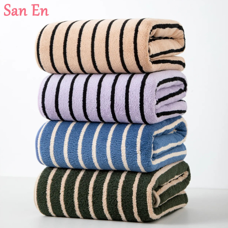 Cross-border striped coral fleece bath towel set for adults, home use, absorbent beach towel, factory wholesale customization Cross-border striped coral fleece bath towel set for adults, home use, absorbent beach towel, factory wholesale customization