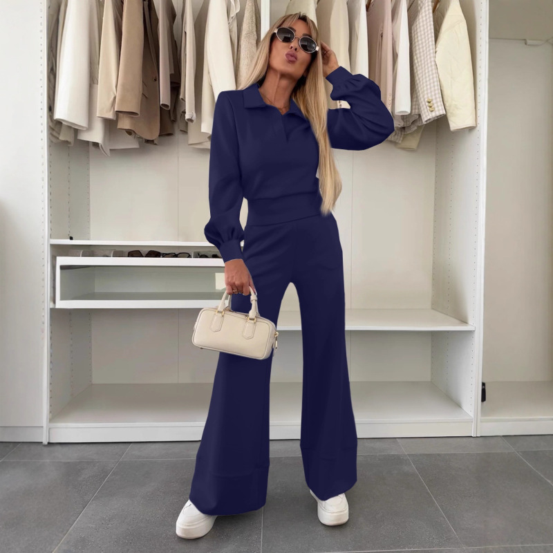 2025 Autumn and Winter New Cross-Border Style Long-Sleeve Top and Elastic Wide-Leg Pants Solid Color Casual Set for Women Japanese and Korean Casual Style