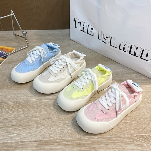 White shoes for women in summer ice silk canvas surface breathable casual large toe lace-up flat-soled sports ugly cute shoes for young students