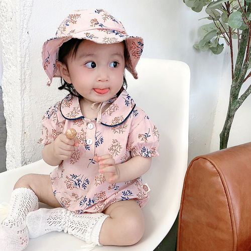  Korean Version Baby Girl Summer Outfit Cherry Short Sleeve Bodysuit Crawling Suit Diaper Cover Hat Set