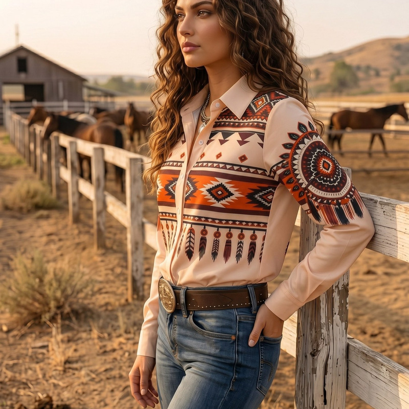 American Retro Geometric Feather Print Shirt, Off-White Contrast Color Button-Up Top
