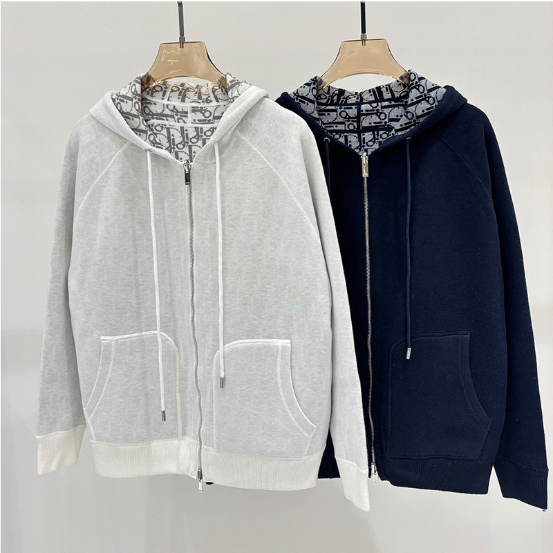 Full D Letter Hooded Knitted Jacket Double Pocket Design Letter Embroidered High-end Thick Wool Zipper Top for Women