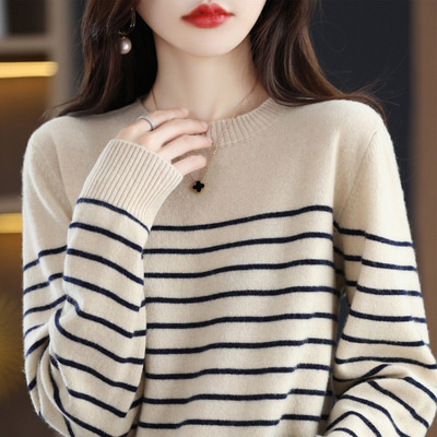 Autumn and Winter Woolen Sweater for Women, New Fashionable Round Neck Cashmere Sweater with Stripes, Loose Knitted Base Layer