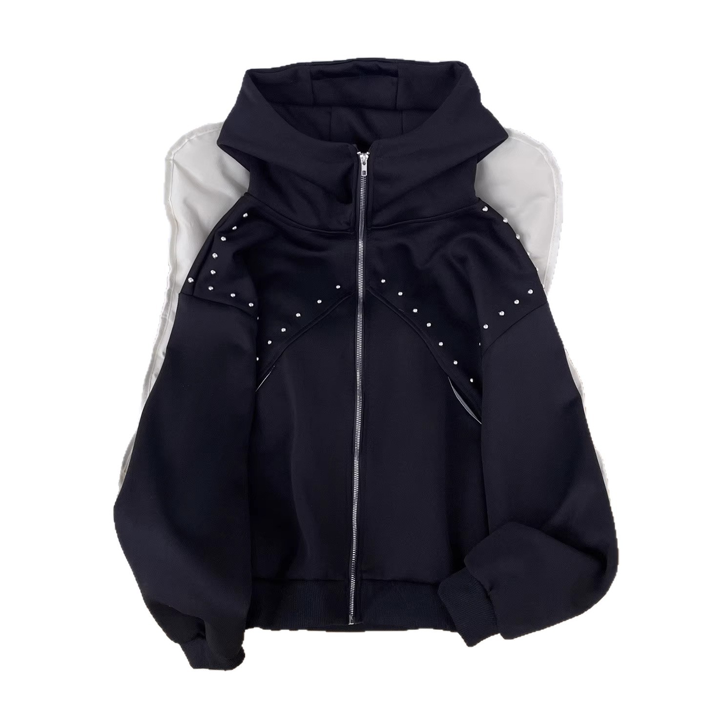 Cárdigan con capucha y remaches, chaqueta de pareja de silueta holgada de marca moderna para hombre y mujer._voghion.com