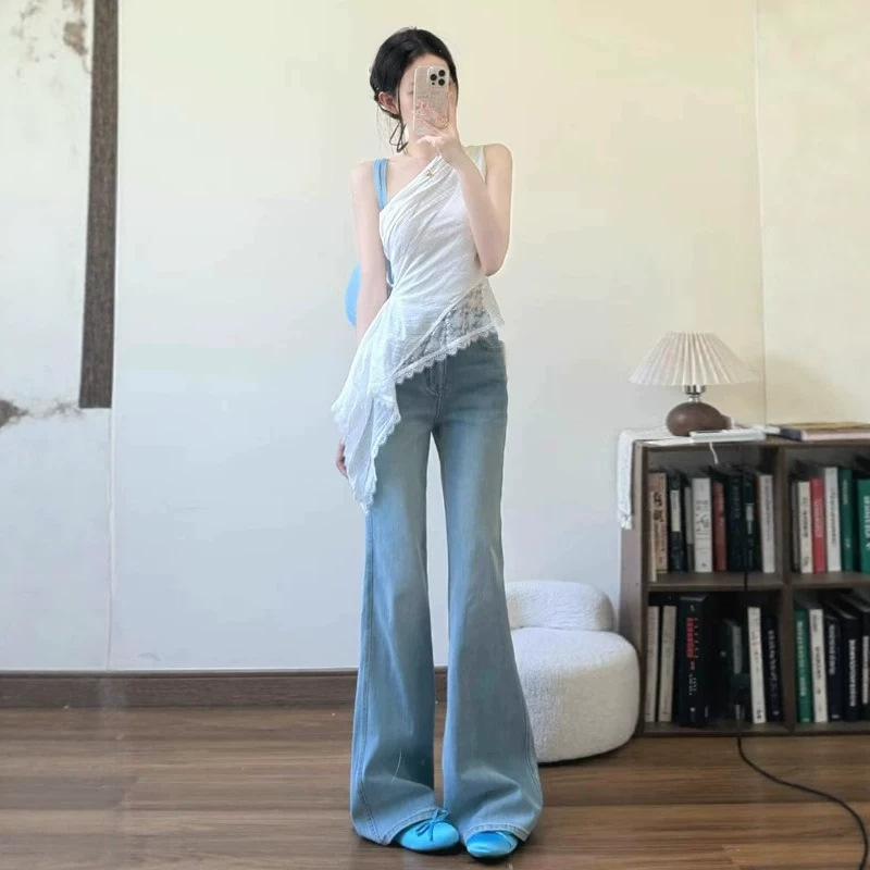 Light Blue Flared Jeans for Women, Summer 2026, Thin High-Waisted, Slimming, Non-Tight, Bootcut, Floor-Length Pants