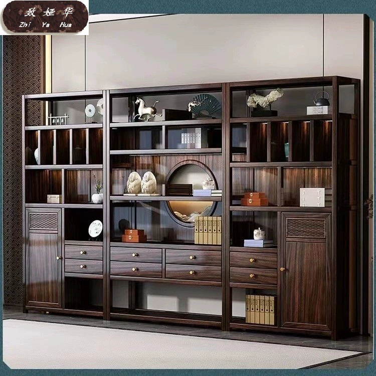 Книжная полка из черного дерева с несколькими сокровищами, книжный шкаф с лампой, витрина для офиса, гостиной, новый комбинированный книжный шкаф из цельного дерева в китайском стиле