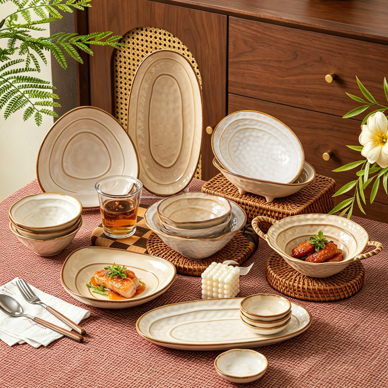 Kiln-glazed ceramic tableware, fish plate, household soup bowl, embossed rice bowl, vintage hotel rustic ceramic, high-value dish