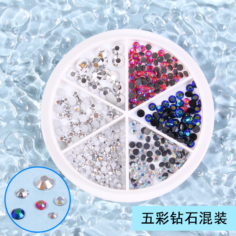 Joyería de uñas 6-rejilla de disco de metal mezclado remache especial en forma de diamante Aurora perla plana diamante joyería de uñas al por mayor