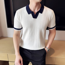 2025夏季薄款冰丝针织衫男短袖拼接翻领高级感休闲百搭流行POLO衫