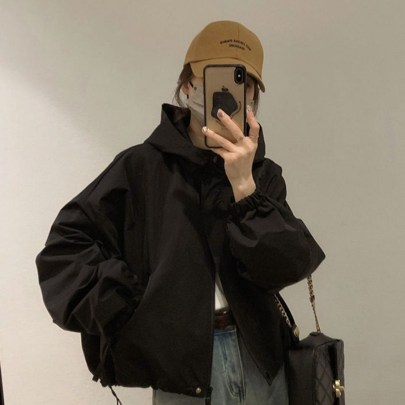 连帽外套女春秋季新款韩系短款冲锋衣时尚百搭休闲宽松短款夹克潮|undefined