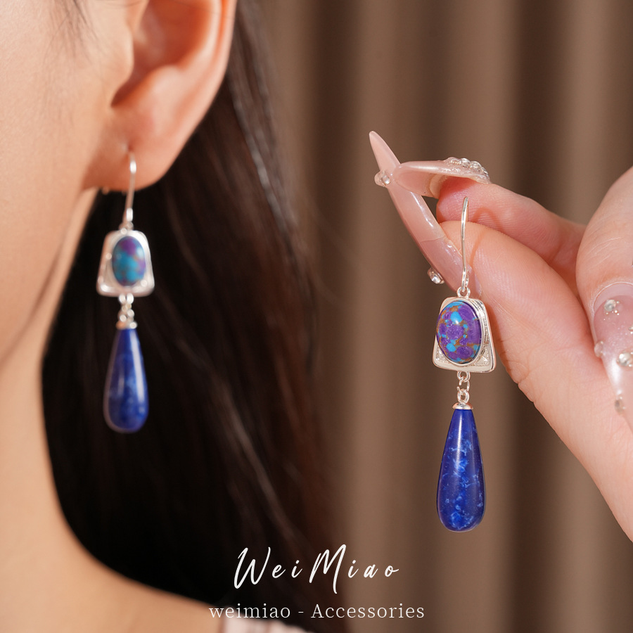 Medieval vintage piedra oval gotas de agua gancho de orejas retro nicho pendientes ligero lujo alta sensación de orejas para mujeres